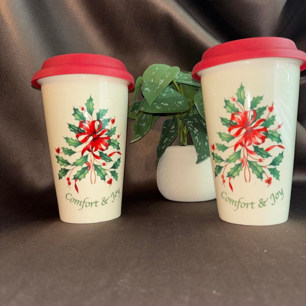 Lenox set of 2 Holiday "Comfort & Joy" double-wall ceramic thermal travel mug